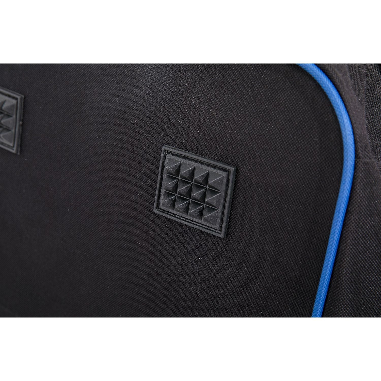 Black bag with a textured logo and blue zipper on a white background