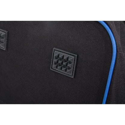 Black bag with a textured logo and blue zipper on a white background