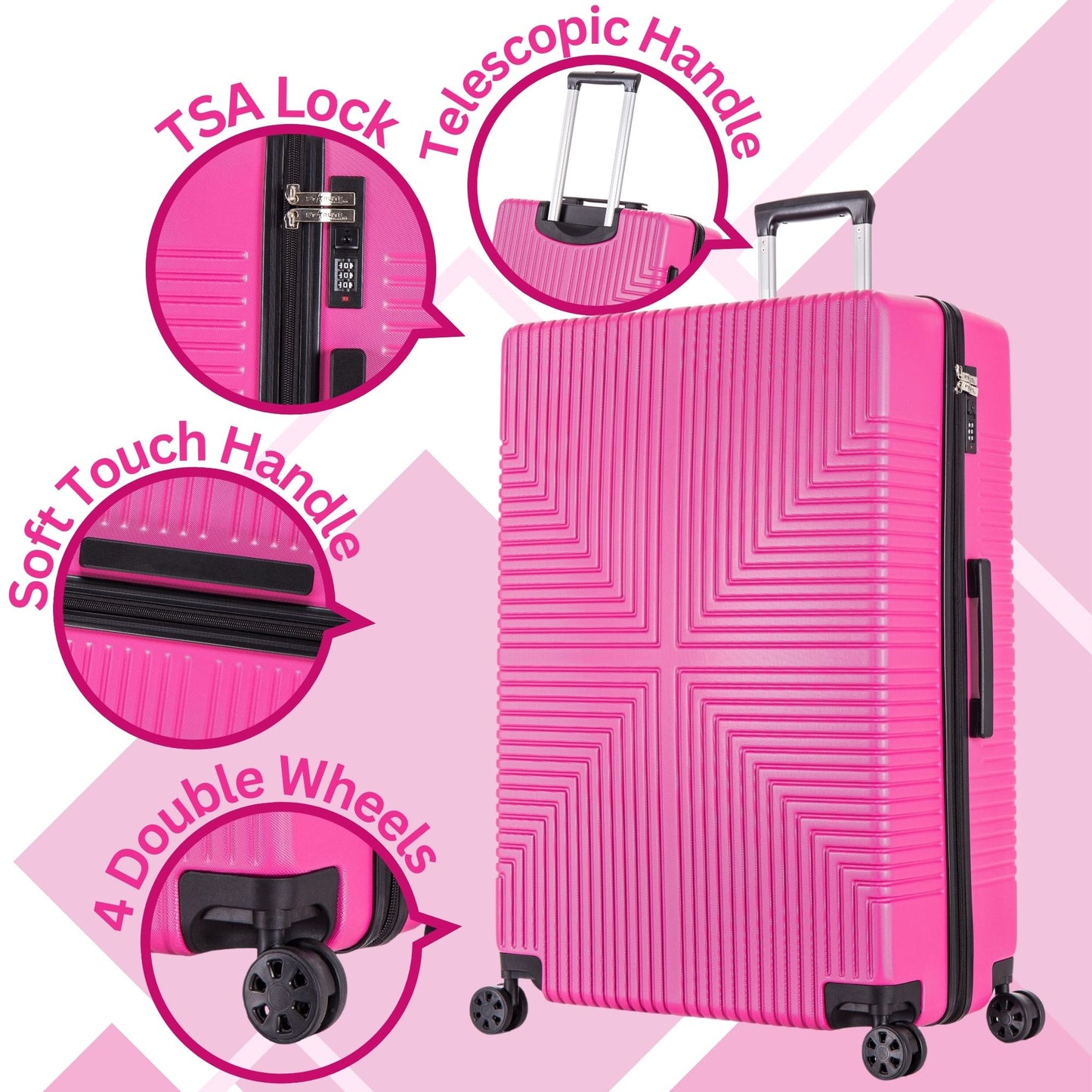 Niovx Medium Suitcase - Lightweight 4 Wheel Hard Shell Suitcase - ABS30 Pink