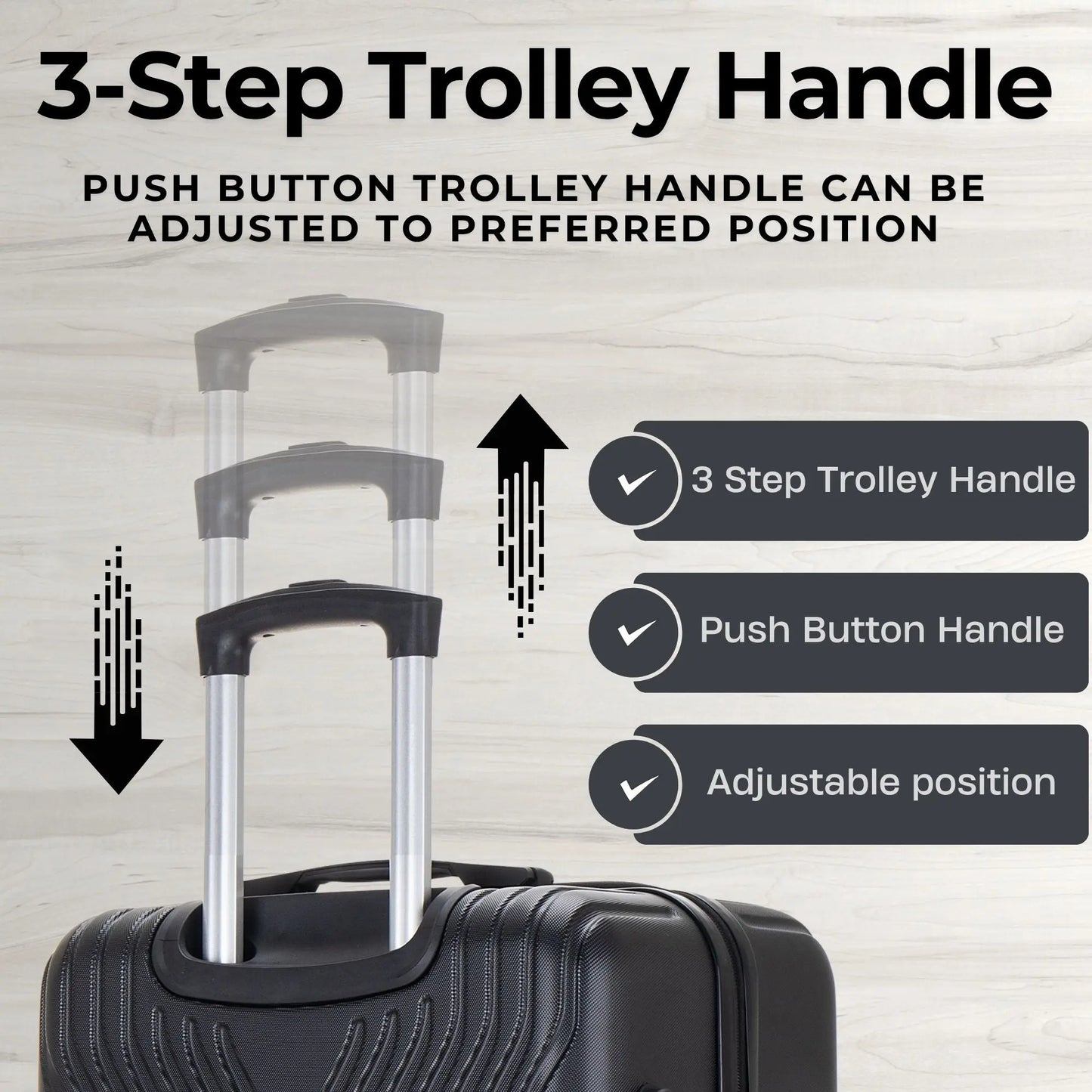 Black suitcase with a 3-step trolley handle on a wooden surface, featuring text about the handle's features.