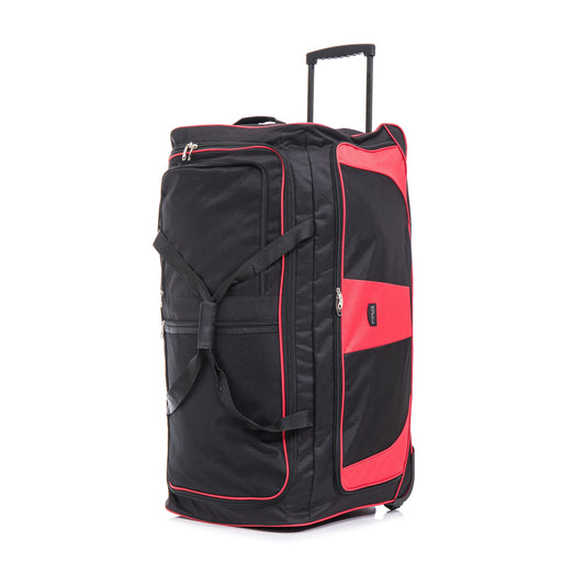 Black and red rolling duffel bag on a white background