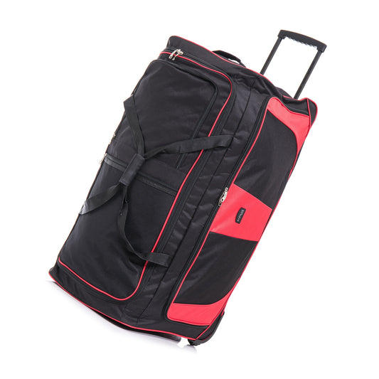 Black and red rolling duffel bag on a white background