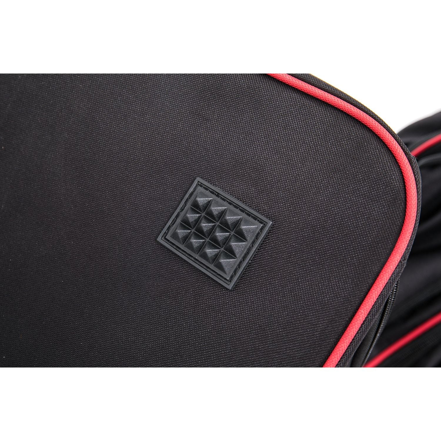 Black bag with red trim and a geometric logo on a white background