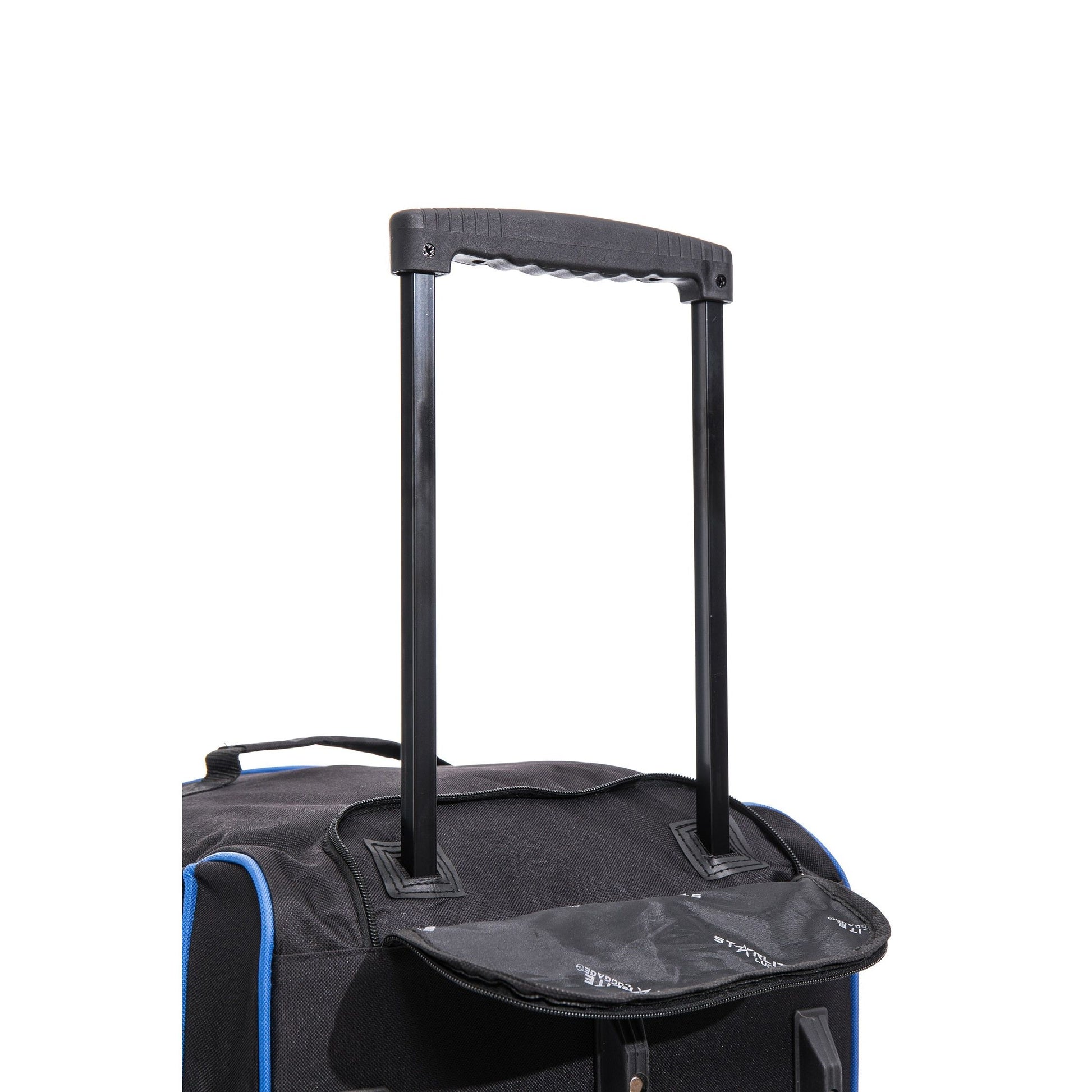 Black suitcase with handle and blue accents on a white background