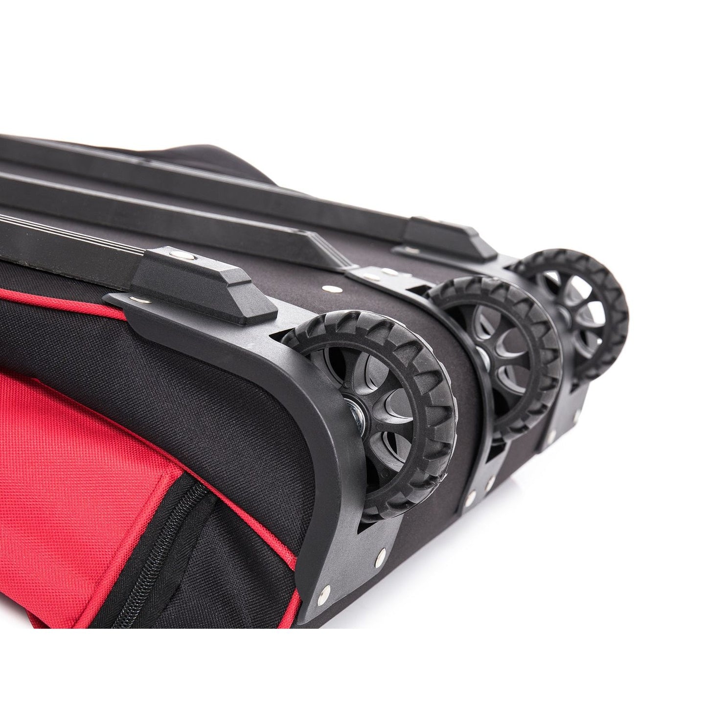 Close-up of a red and black suitcase with wheels on a white background