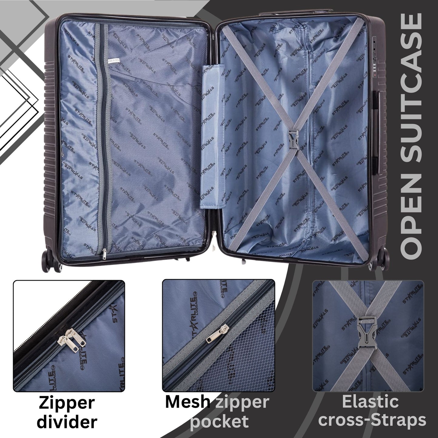 Niovx Medium Suitcase - Lightweight 4 Wheel Hard Shell Suitcase - ABS30 Black