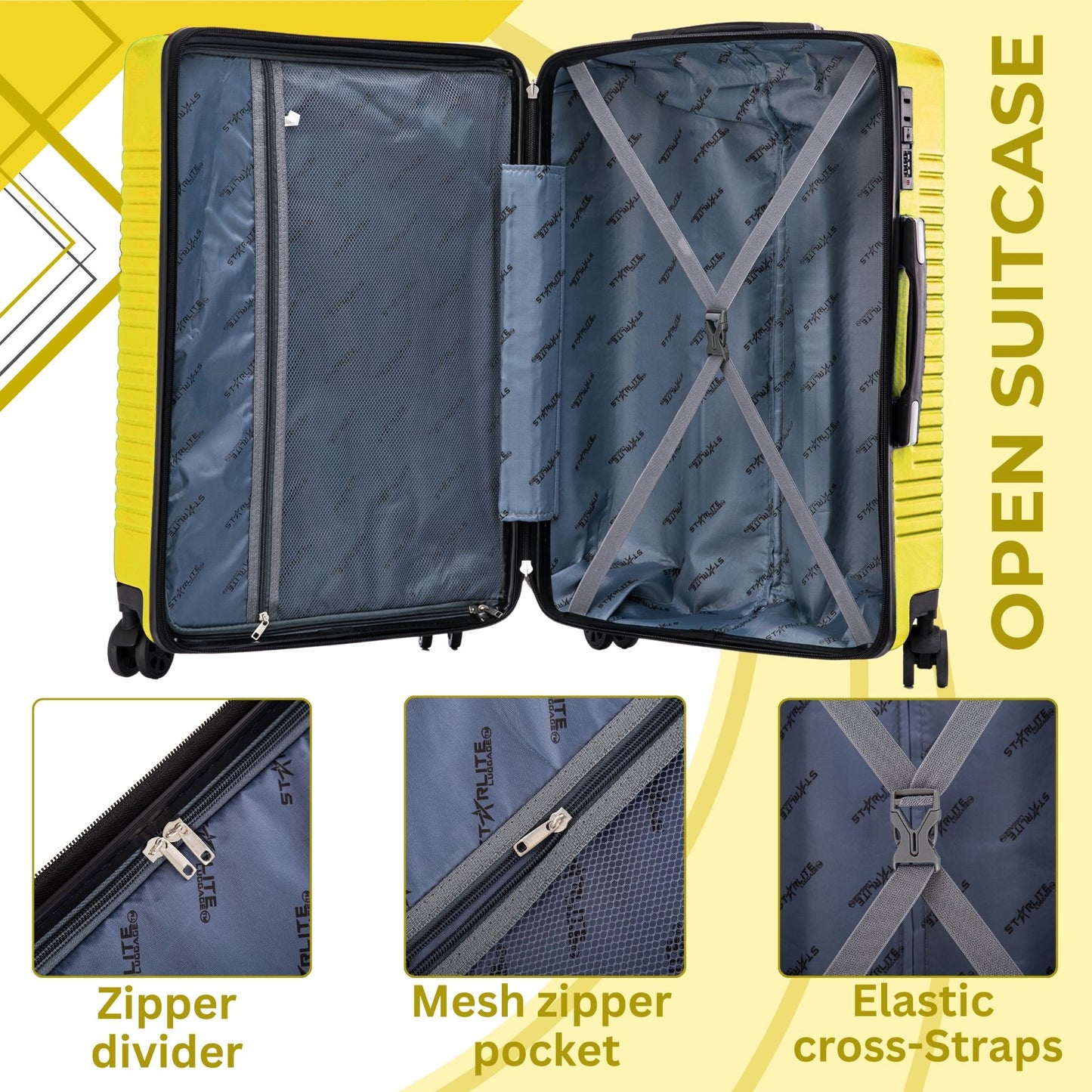 Niovx Medium Suitcase - Lightweight 4 Wheel Hard Shell Suitcase - ABS30 Yellow