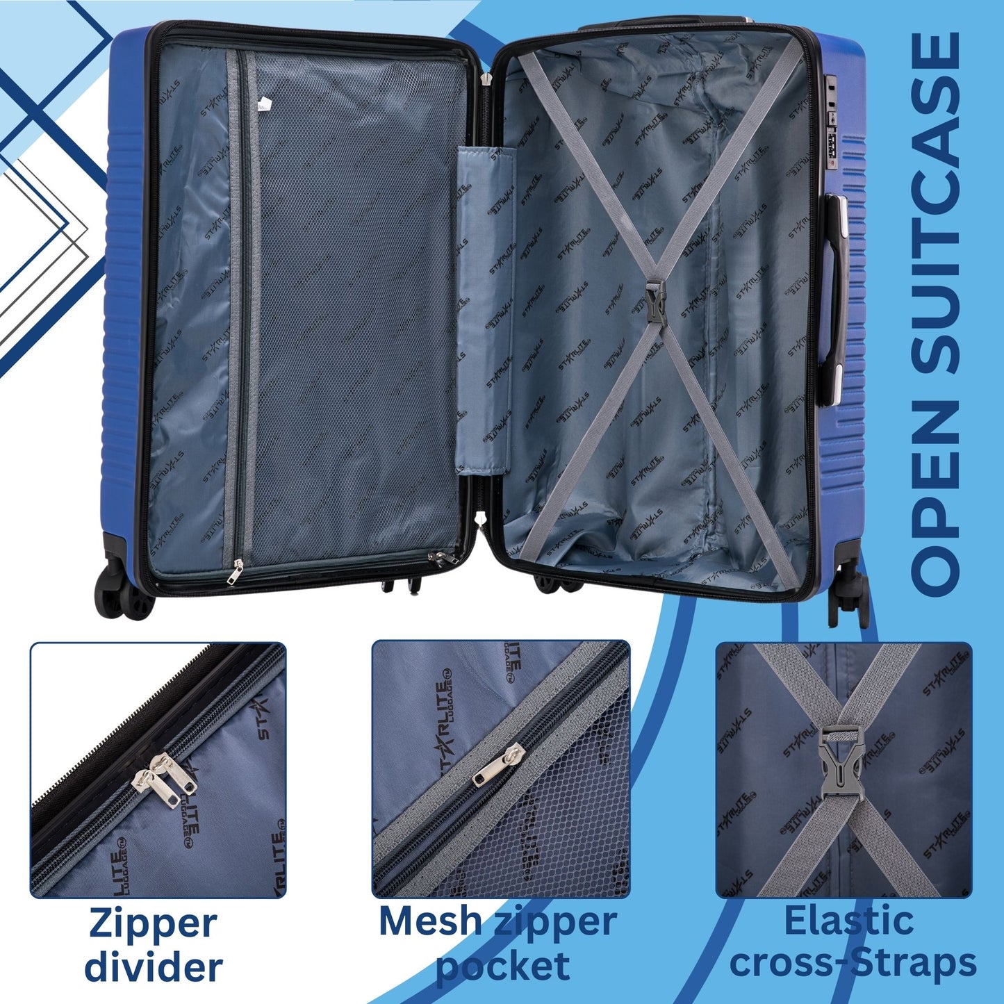 Niovx Medium Suitcase - Lightweight 4 Wheel Hard Shell Suitcase - ABS30 Blue