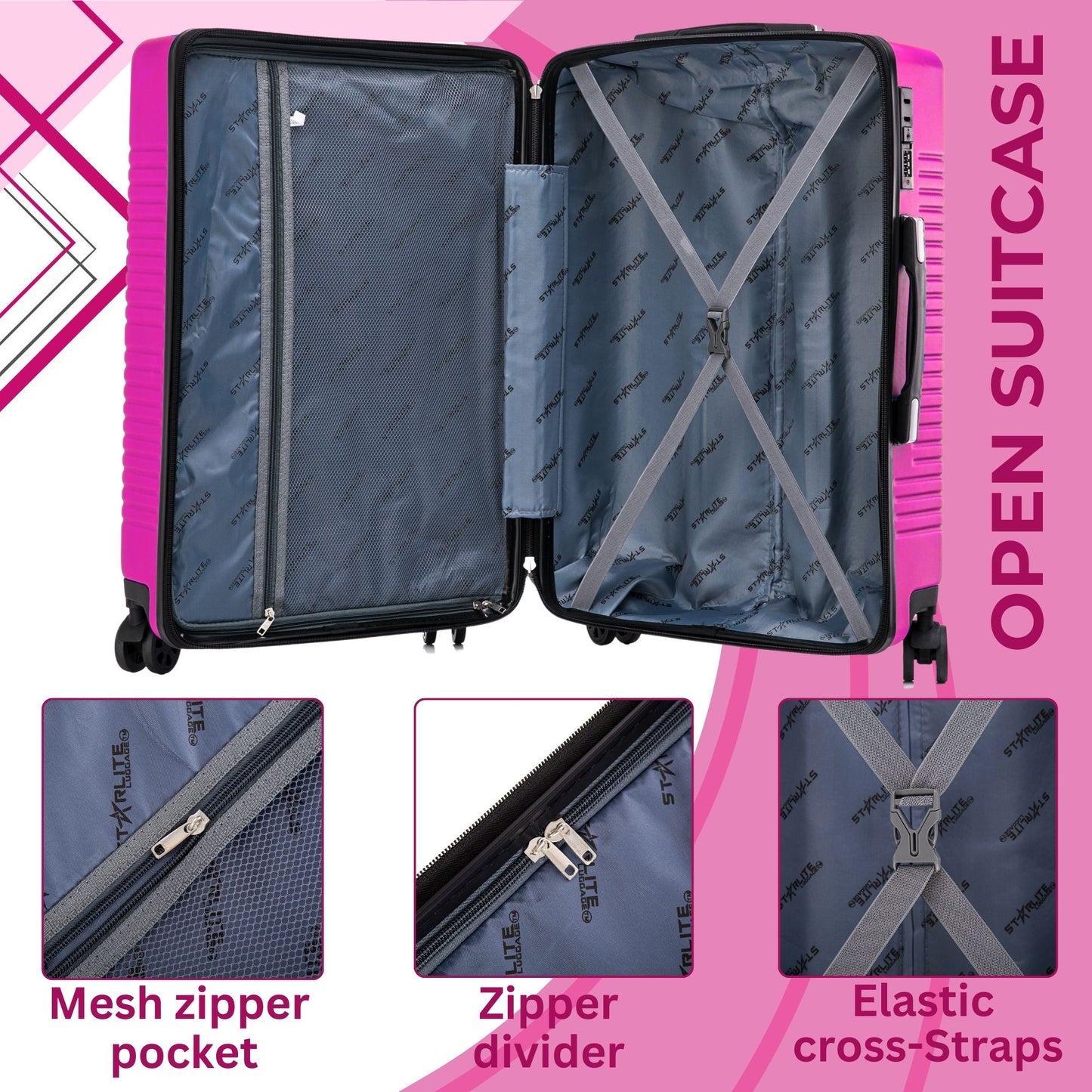 Niovx Medium Suitcase - Lightweight 4 Wheel Hard Shell Suitcase - ABS30 Pink
