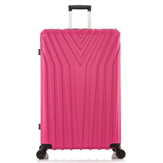 Pink suitcase with a textured pattern on a white background
