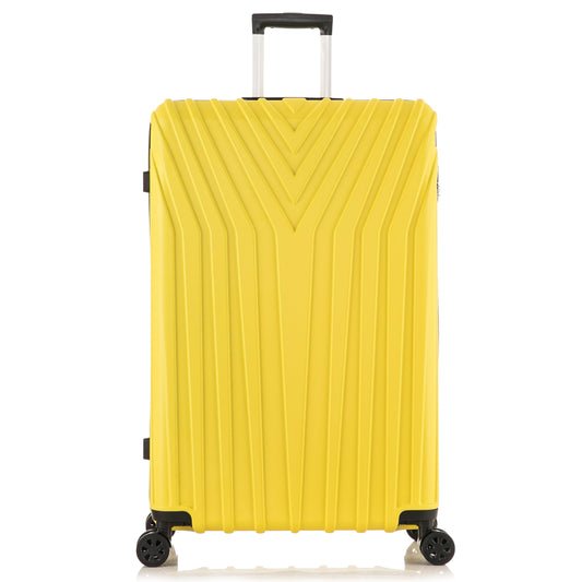 Yellow Hard shell suitcase with a textured surface on a white background