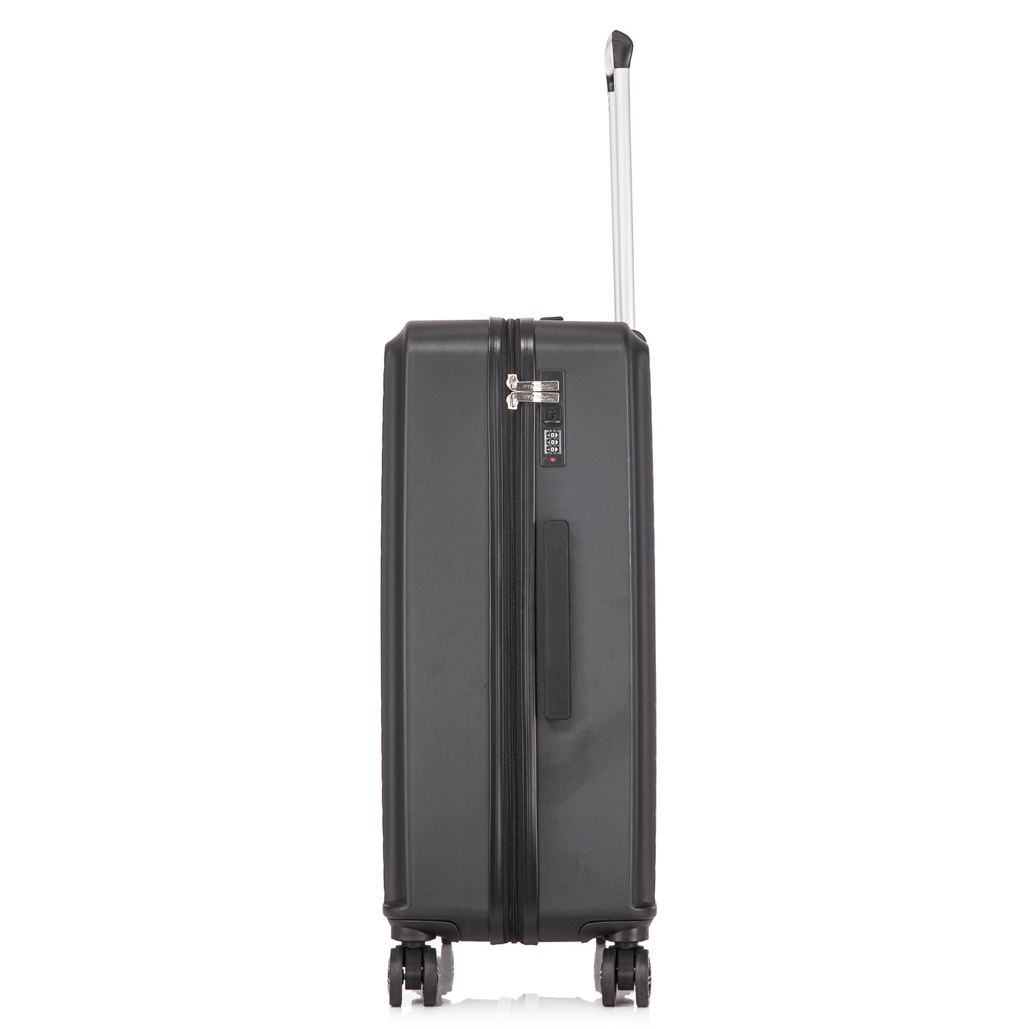 Black suitcase with a handle and wheels on a white background