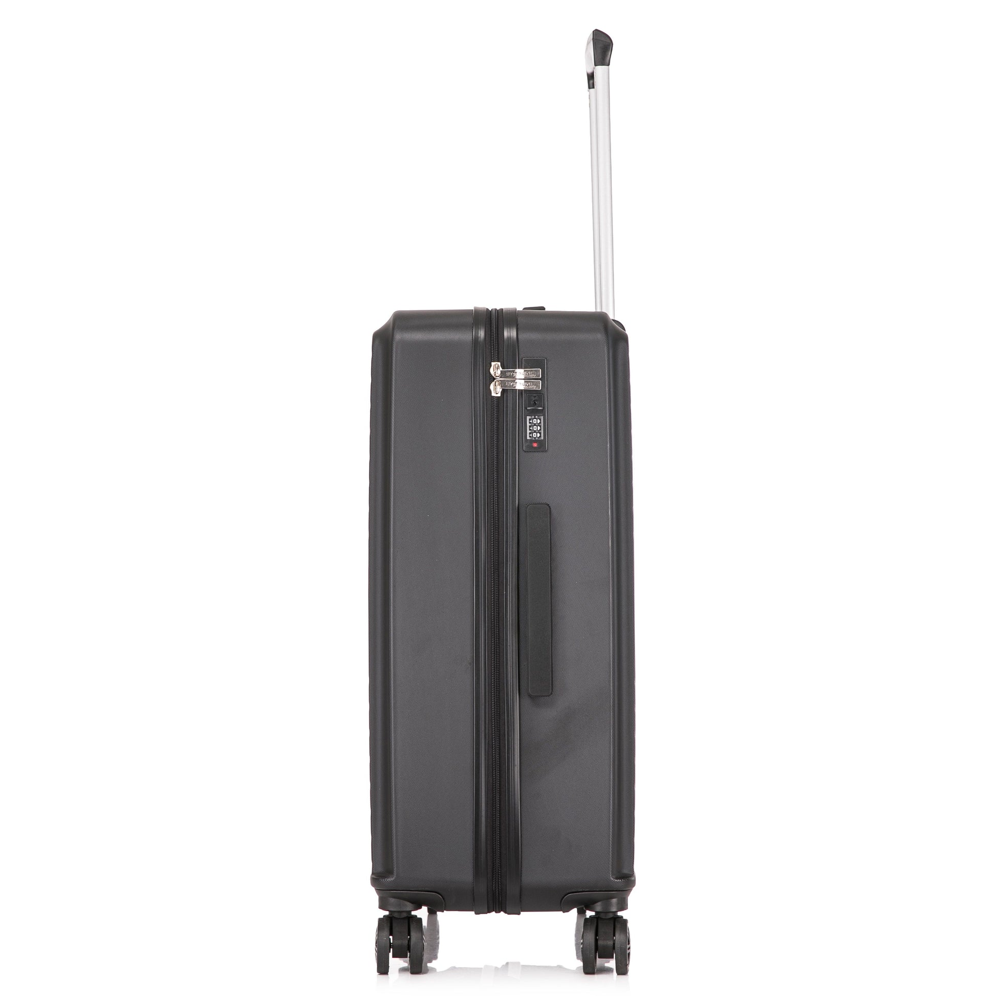 Black suitcase with a handle and wheels on a white background