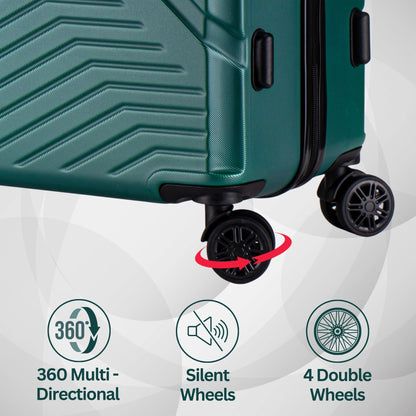 Green suitcase with 360 multi-directional wheels on a white background