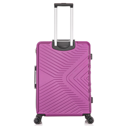 Purple suitcase with a geometric pattern on a white background