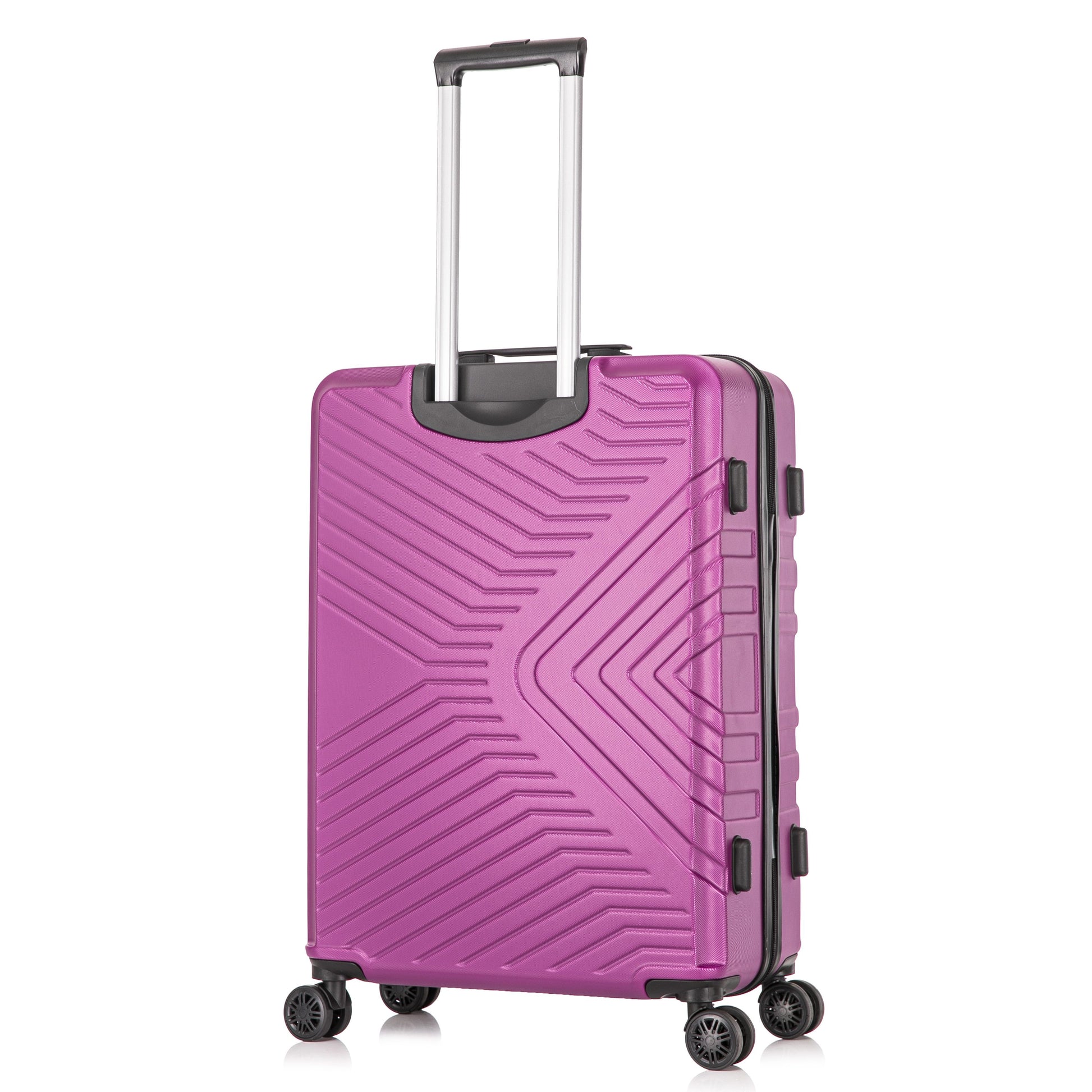 Pink suitcase with a geometric pattern on a white background