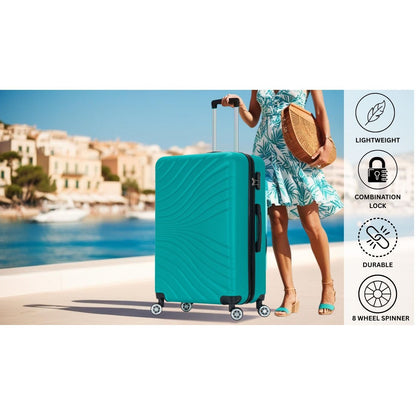 Turquoise suitcase with woman in a dress by a waterfront, featuring travel product details.