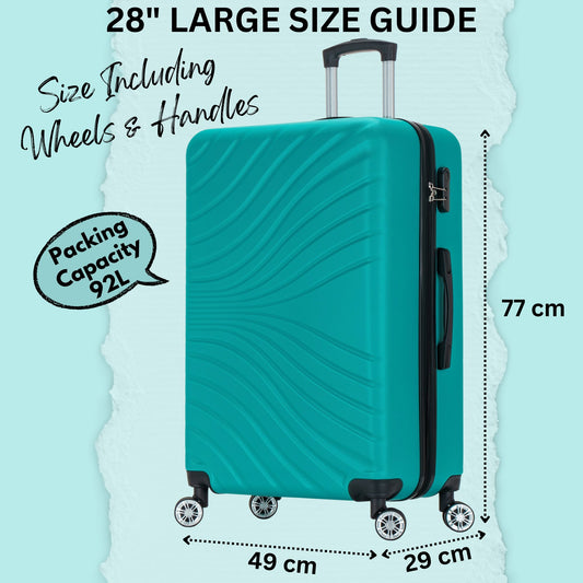 Teal suitcase with dimensions and capacity details on a light blue background
