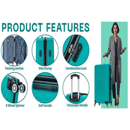 Teal suitcase with features highlighted and a woman holding it on a teal background