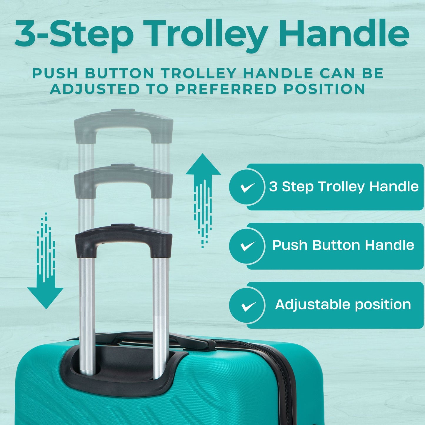 Teal suitcase with a 3-step trolley handle on a light blue background