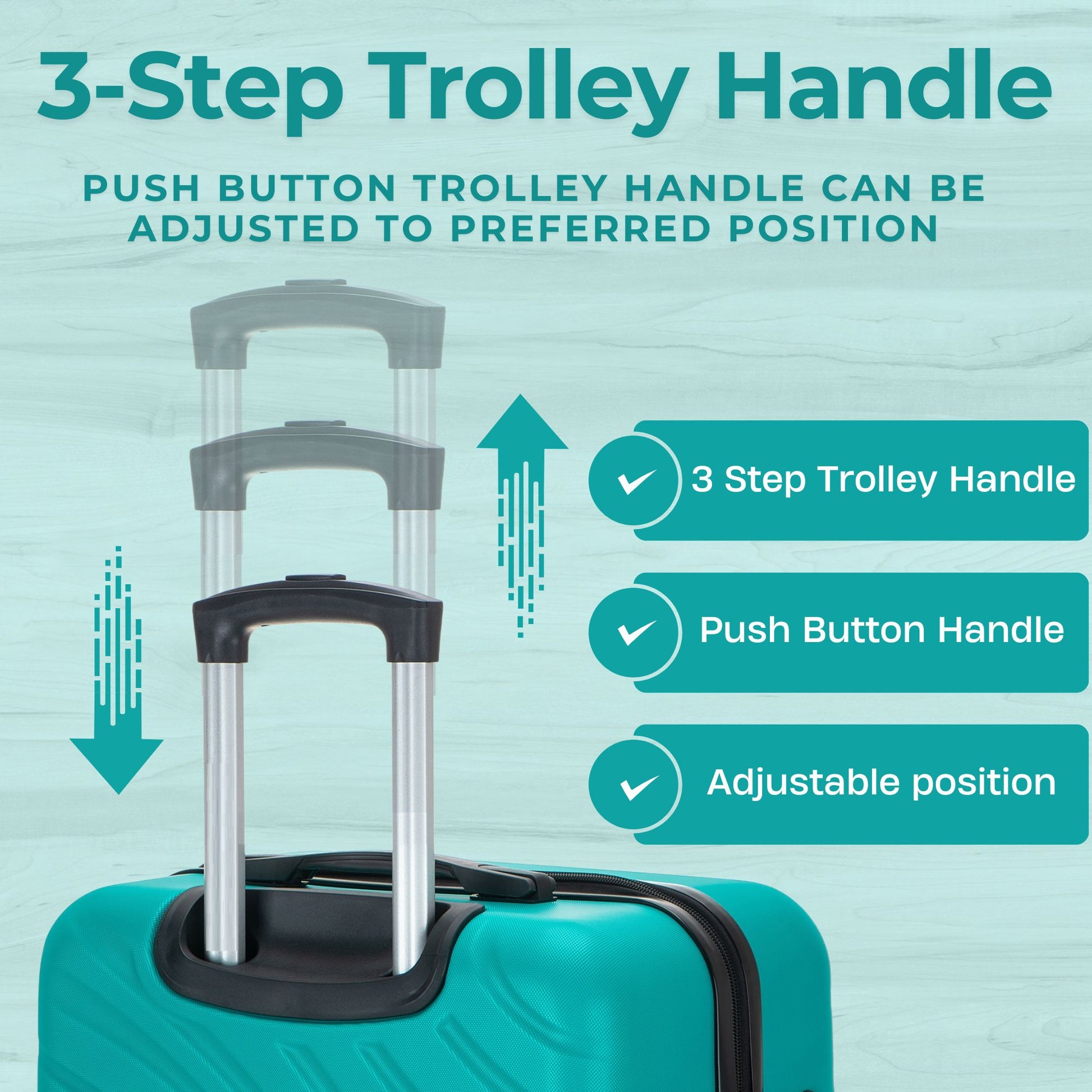 Teal suitcase with a 3-step trolley handle on a light blue background