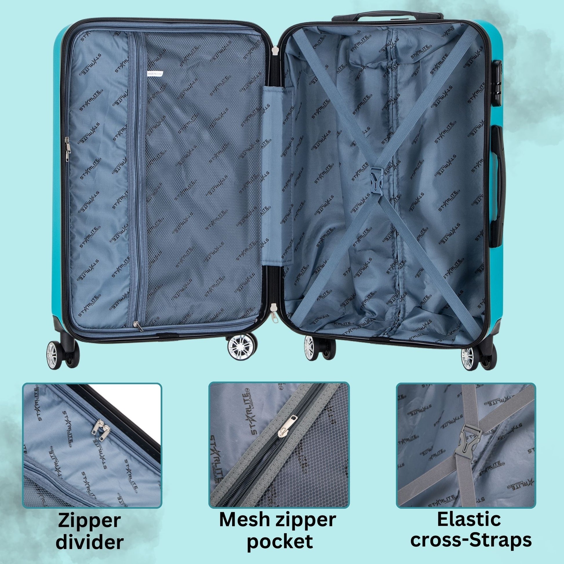Open suitcase with interior details on a light blue background