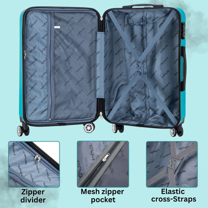 Open suitcase with interior details on a light blue background
