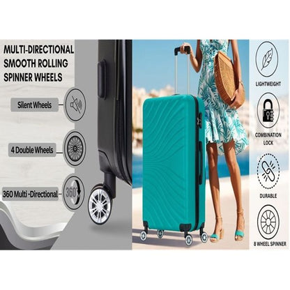 Teal suitcase with features highlighted on a promotional graphic