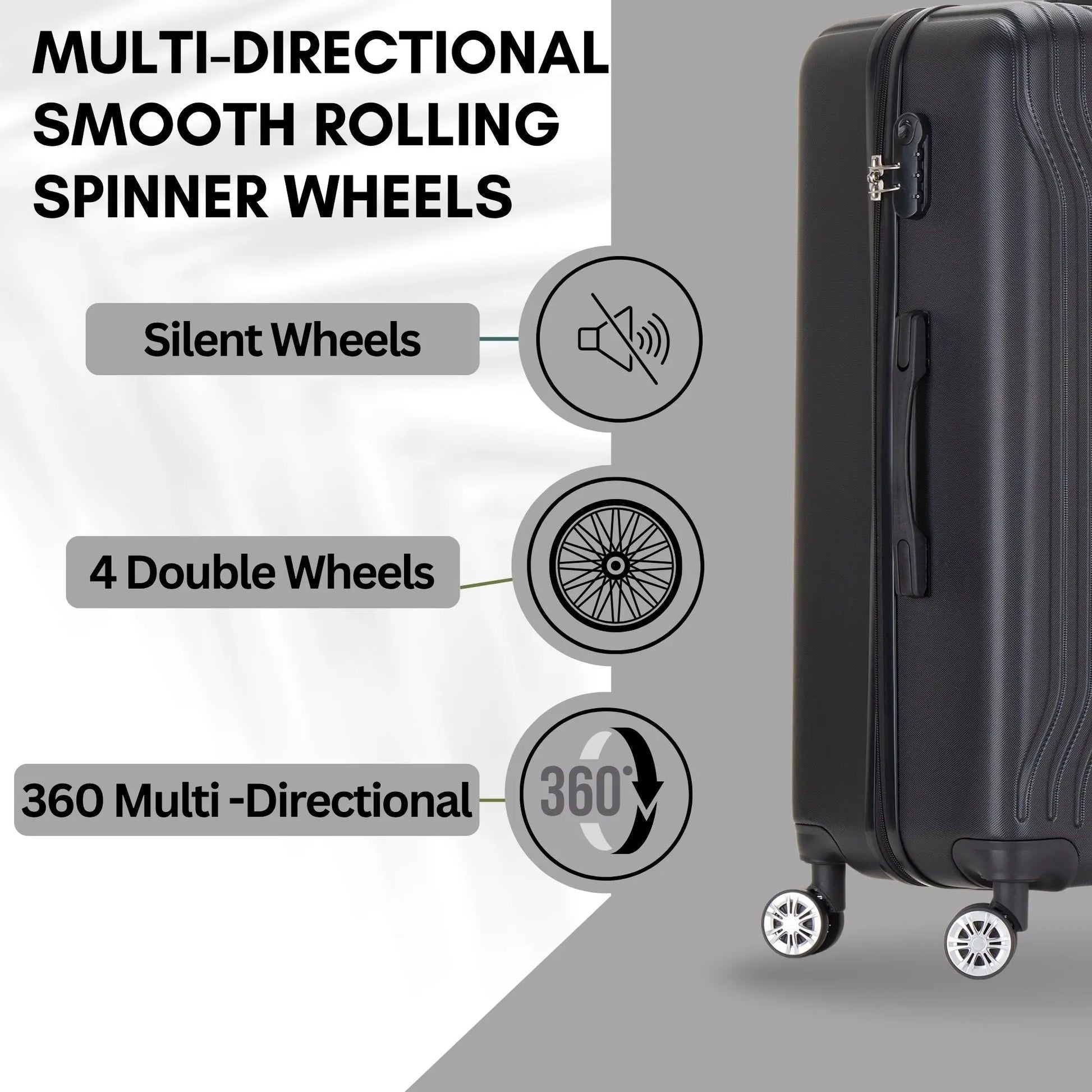 Black suitcase with multi-directional smooth rolling spinner wheels and features highlighted.