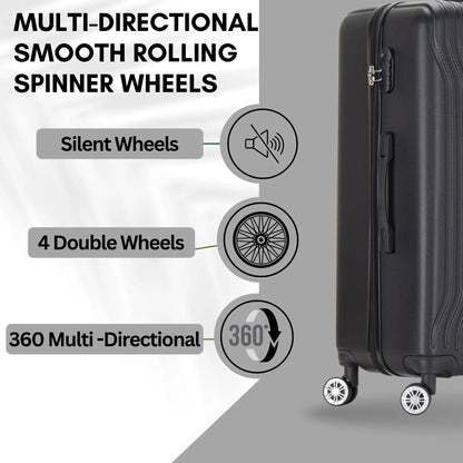 Black suitcase with multi-directional smooth rolling spinner wheels and features highlighted.