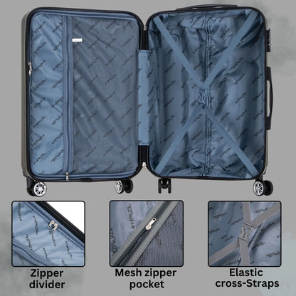 Open suitcase with interior features highlighted on a gray background