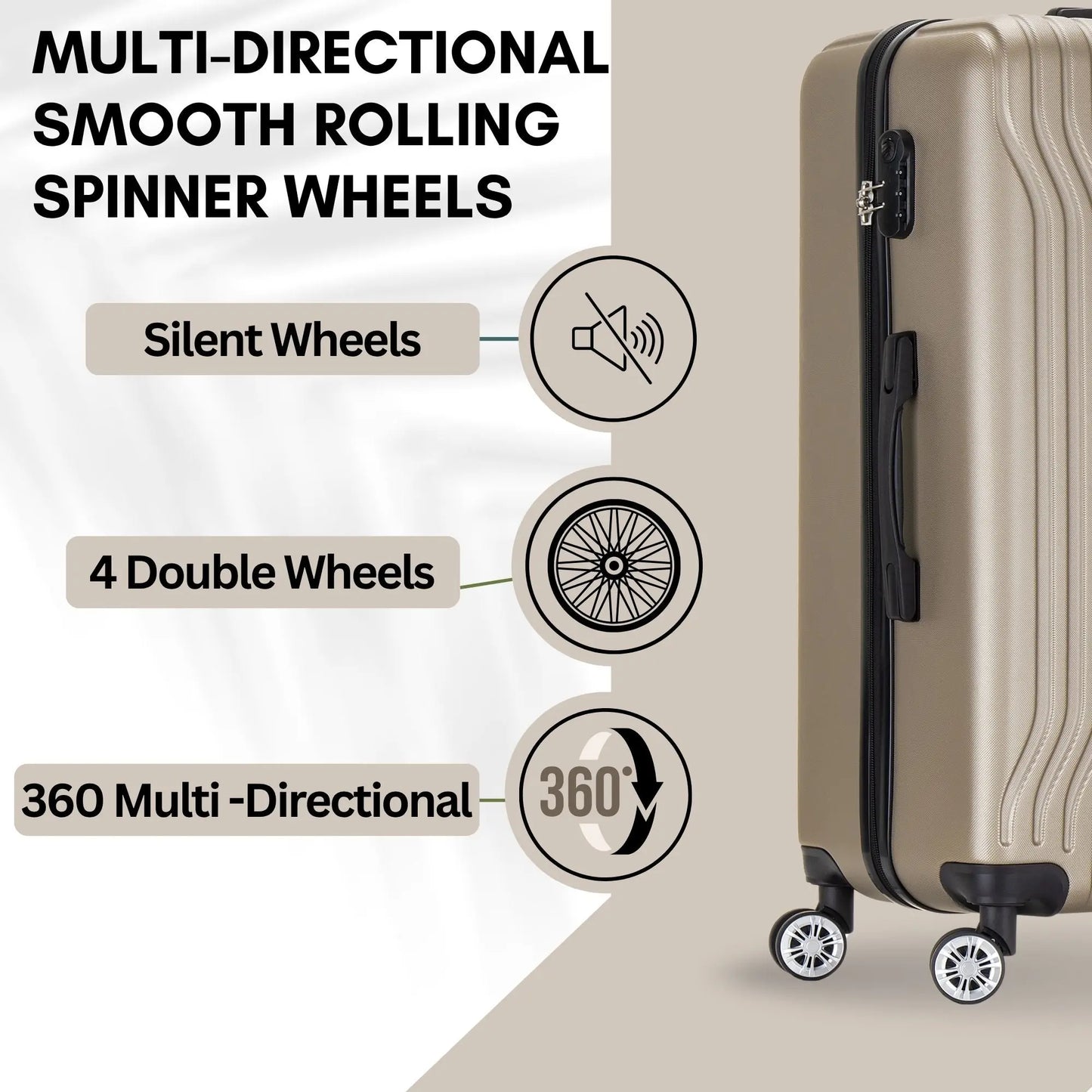 Beige suitcase with multi-directional smooth rolling spinner wheels and features highlighted.
