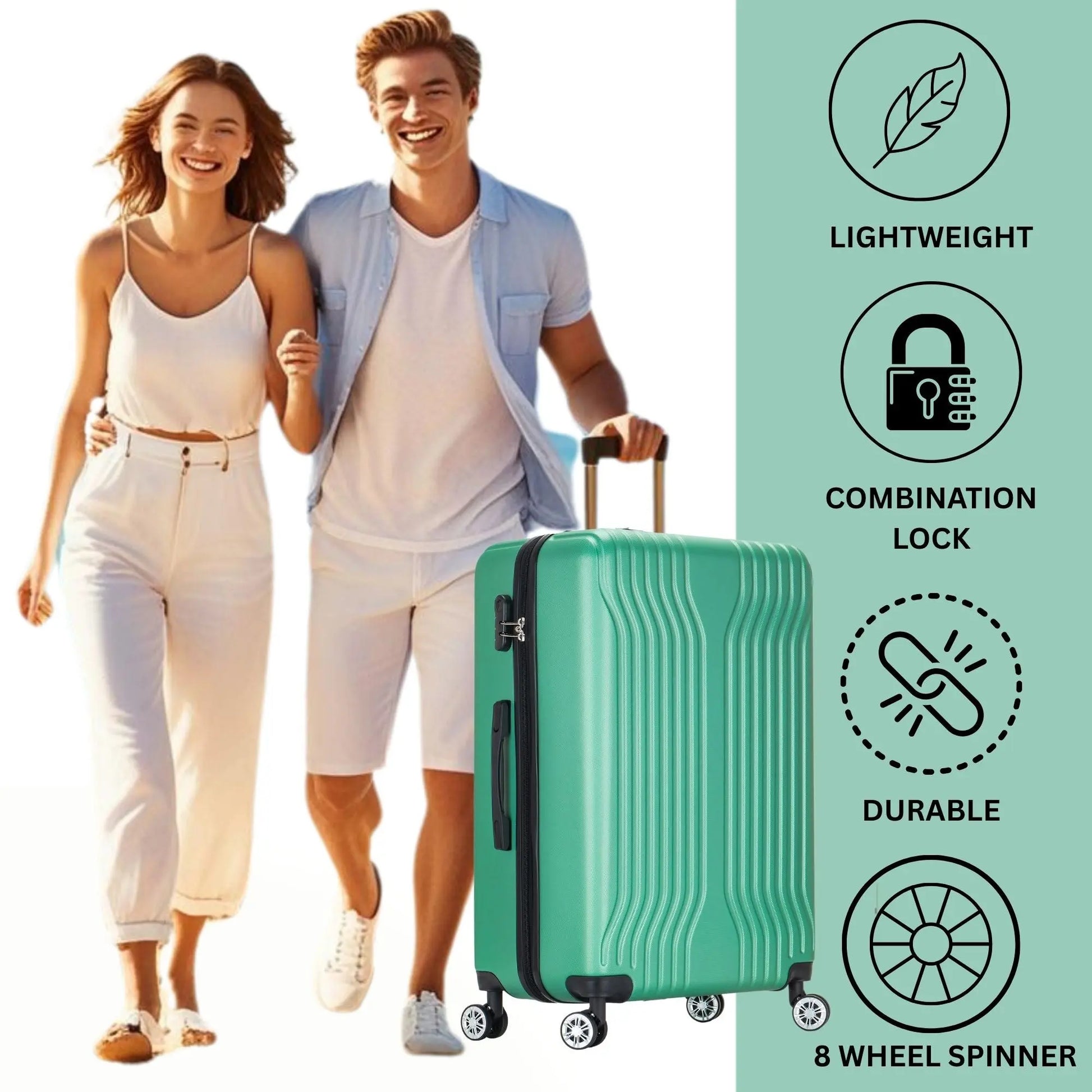 Two people walking with a green suitcase, featuring icons and text about suitcase features.