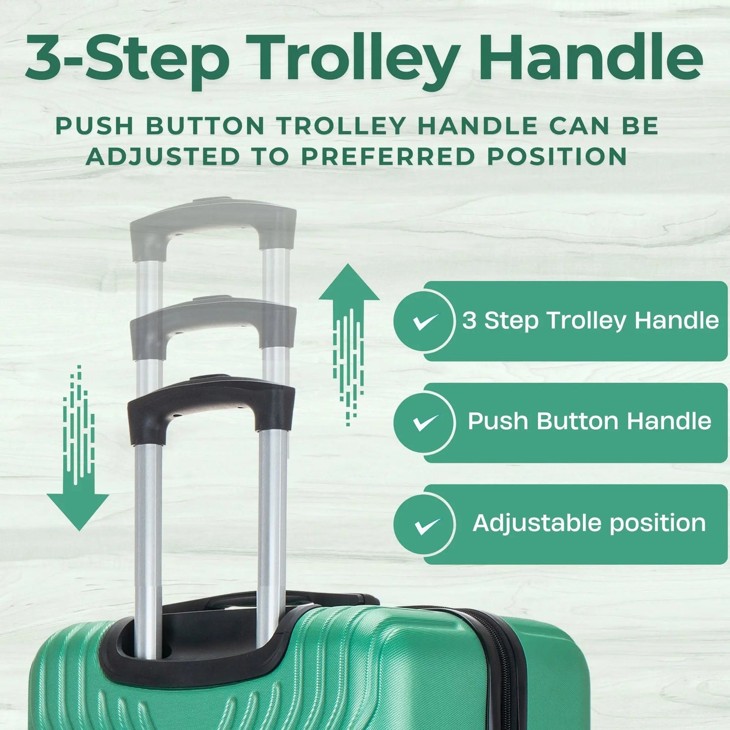 Green suitcase with a 3-step trolley handle on a light gray background