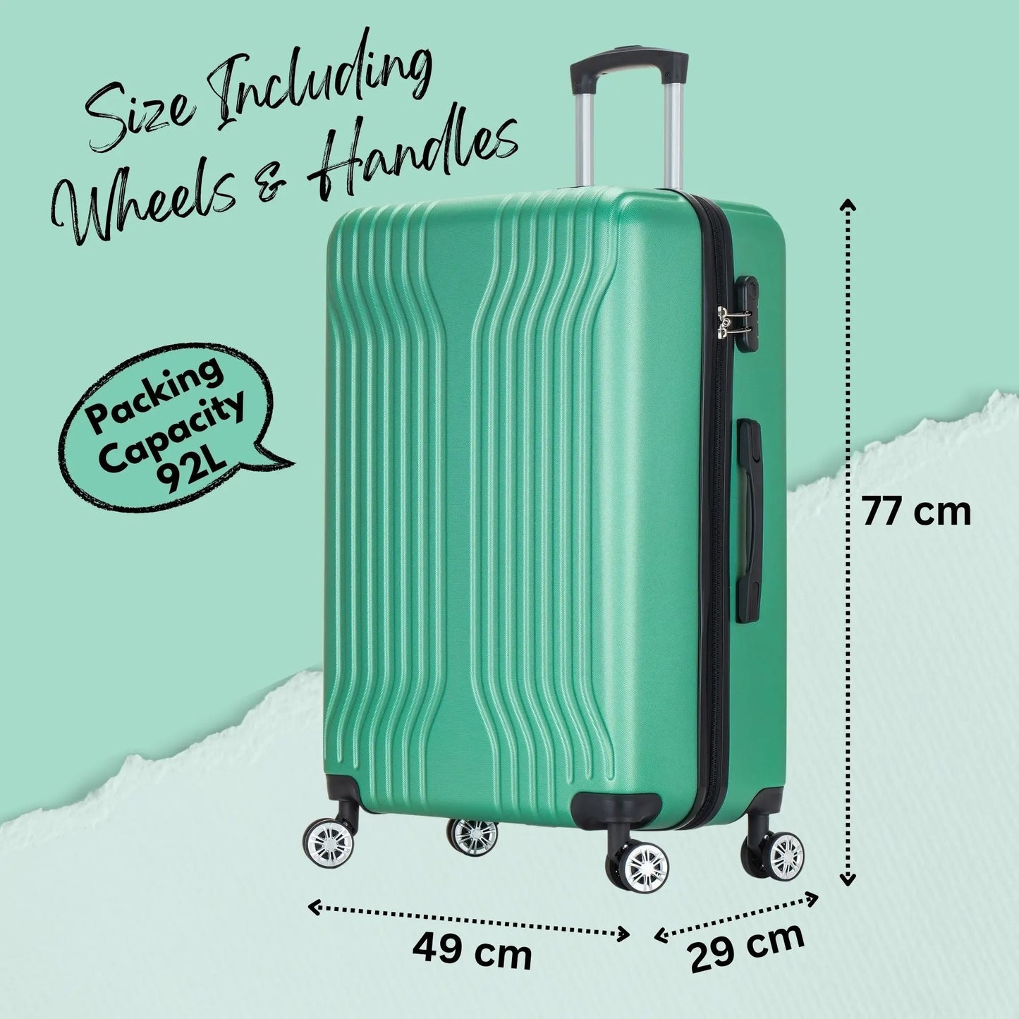 Green suitcase with dimensions and capacity details on a light green background