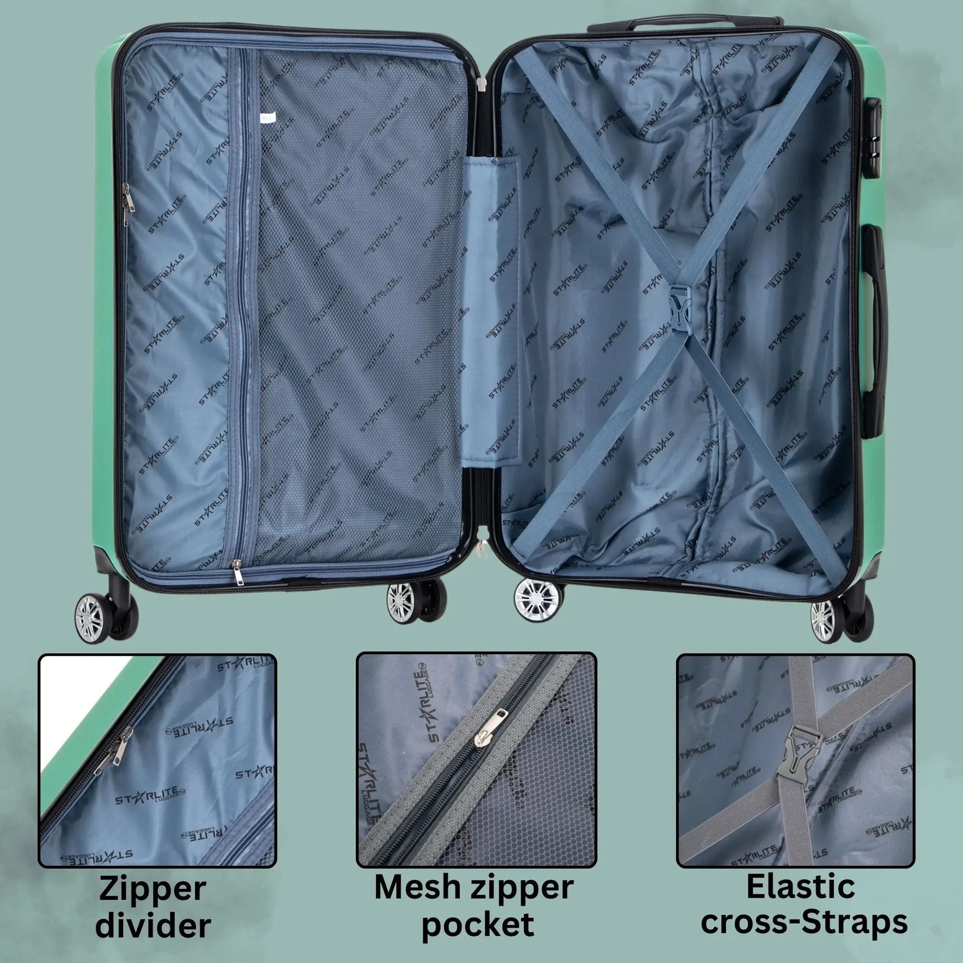 Open suitcase with interior details on a light green background