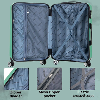 Open suitcase with interior details on a light green background