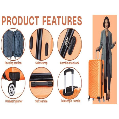 Orange suitcase with features highlighted and a person holding it.