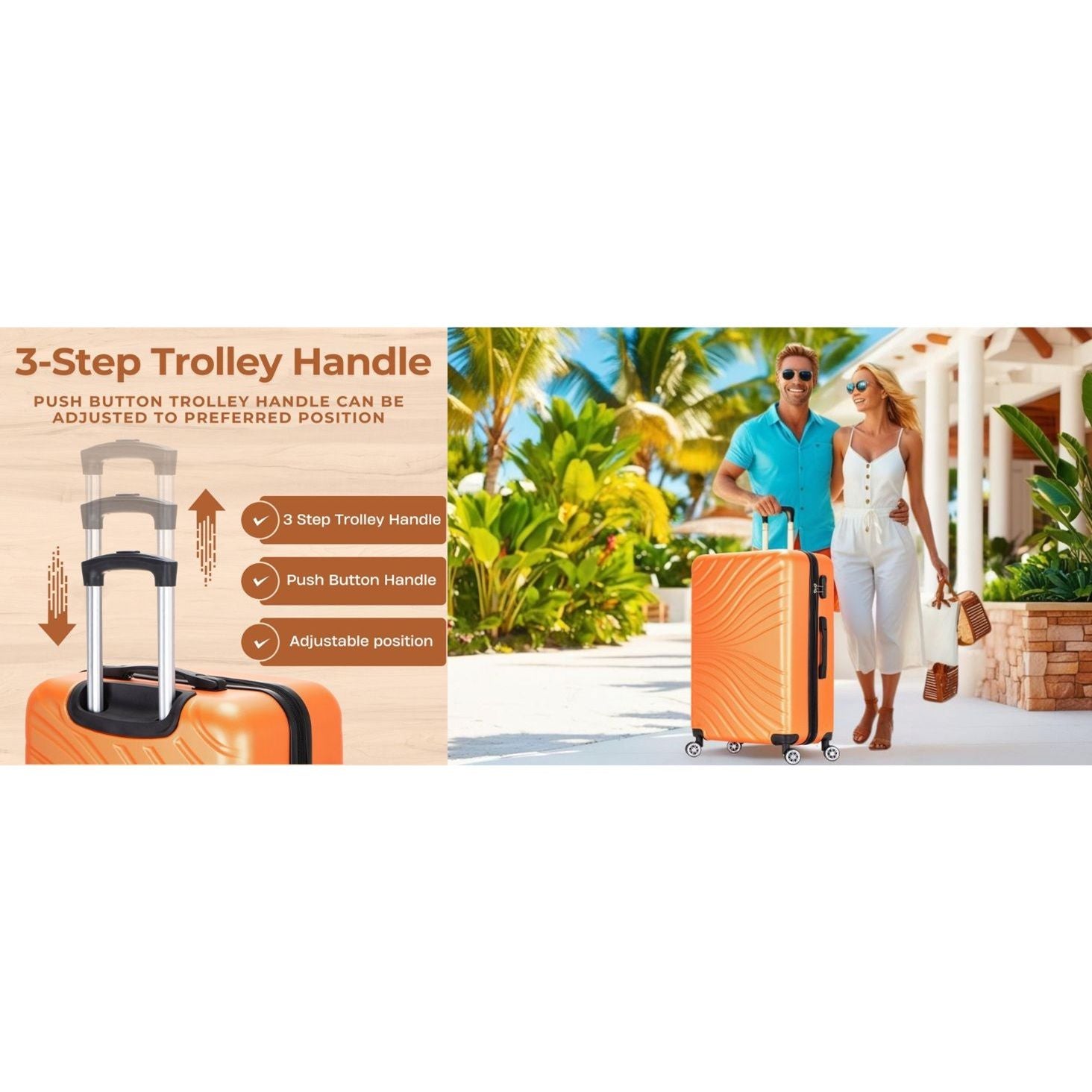 Orange trolley handle with push button and adjustable position feature, shown with a couple walking on a tropical beach.