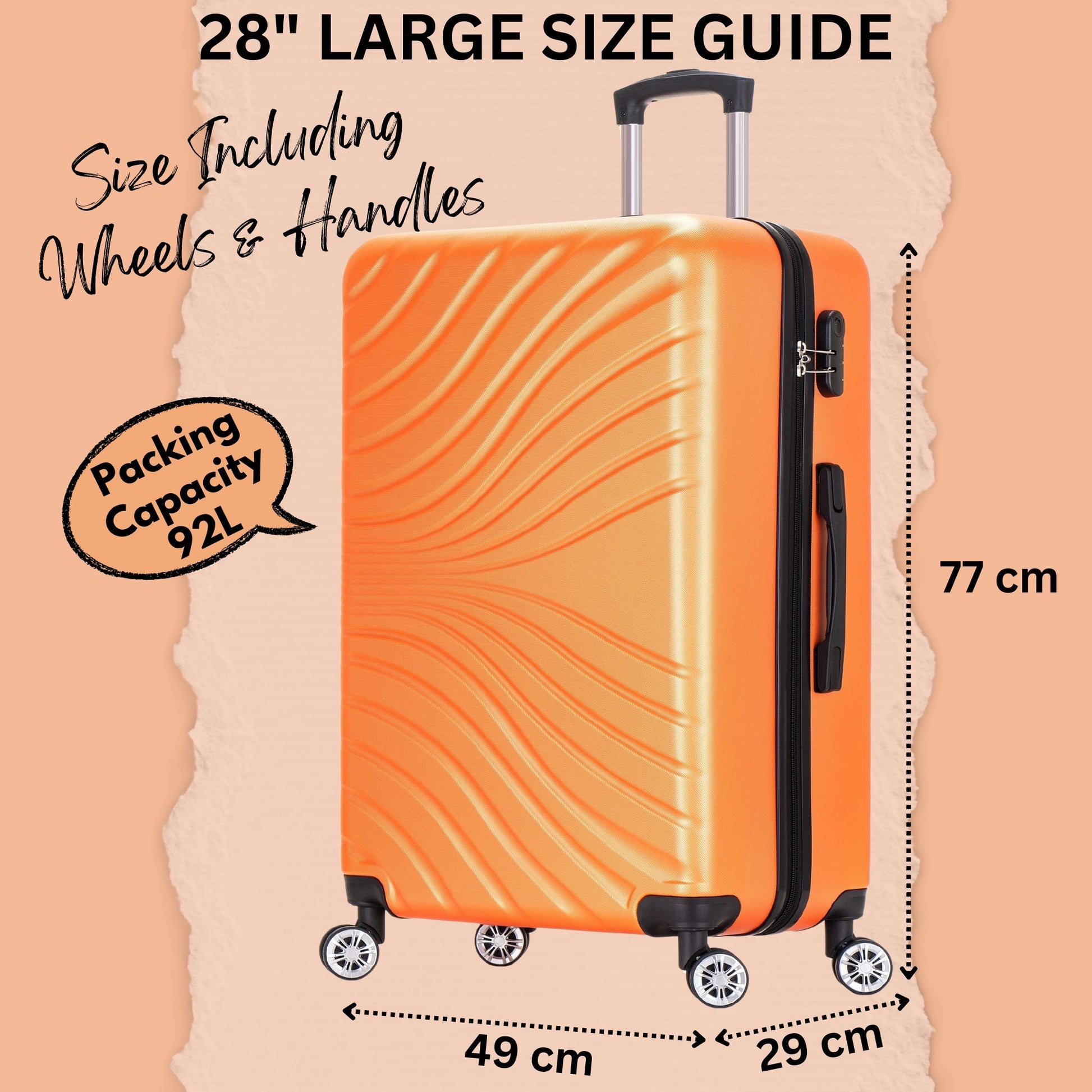 Orange suitcase with dimensions and capacity details on a beige background