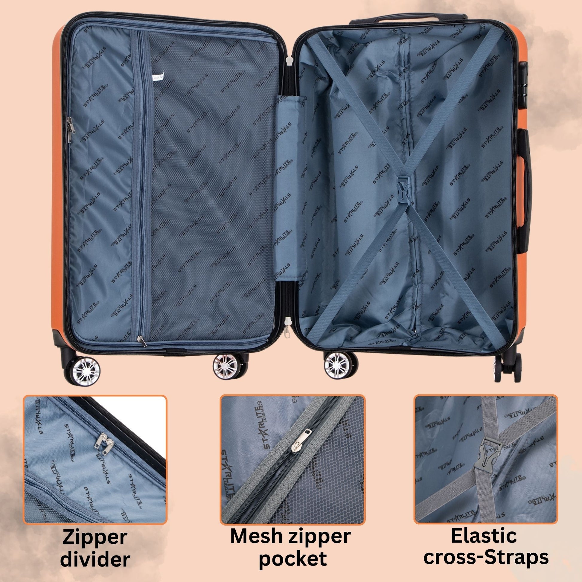 Open suitcase with interior details on a beige background