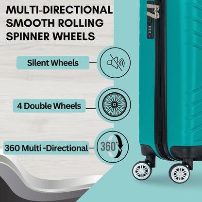 Teal suitcase with features highlighted on a light blue background