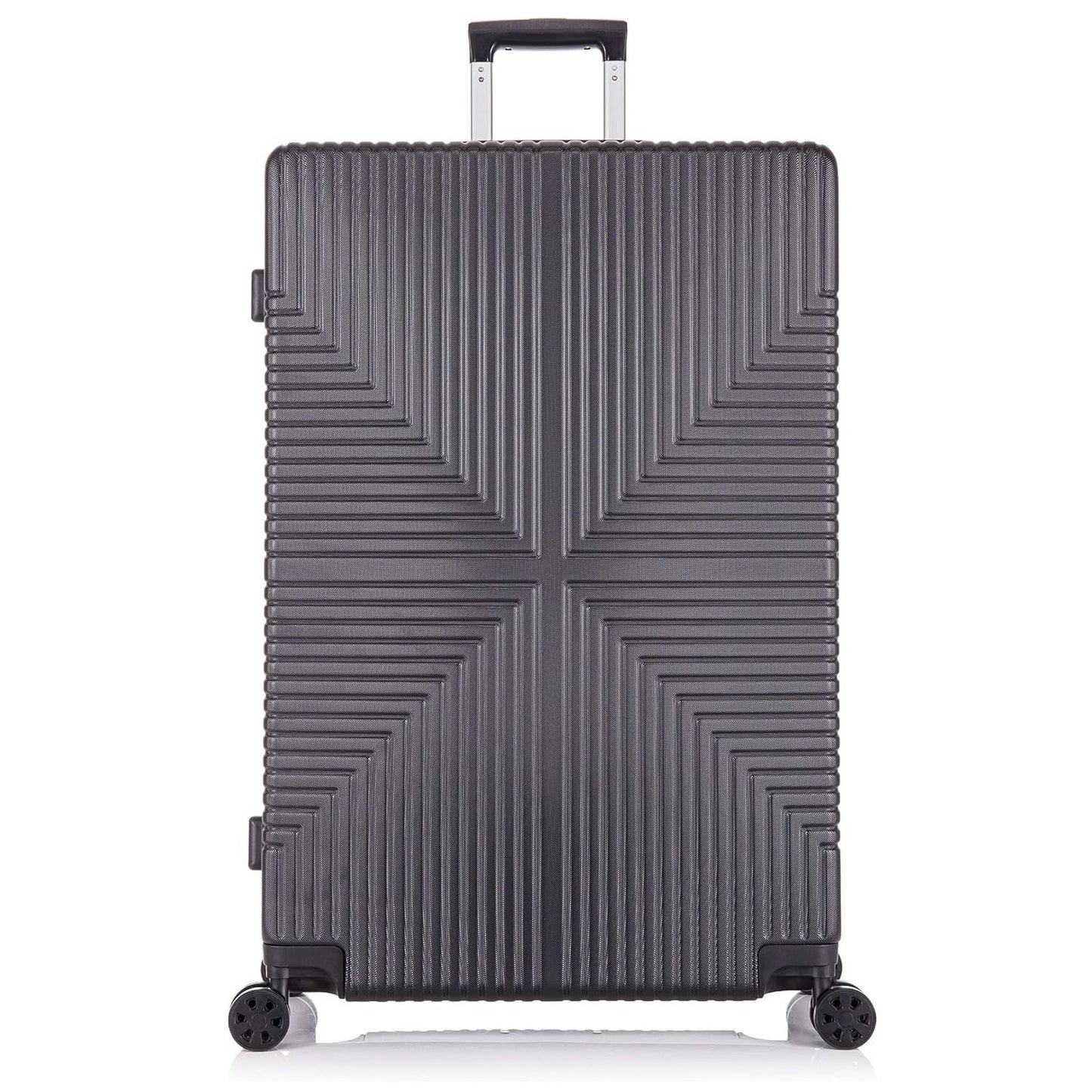 Black Hard shell suitcase with geometric pattern on a white background
