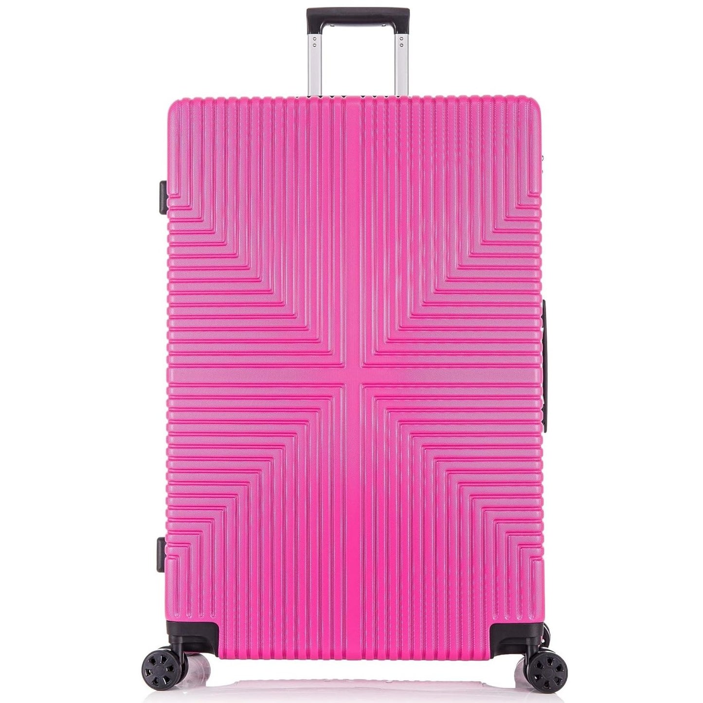 Pink Hard shell suitcase with geometric pattern on a white background
