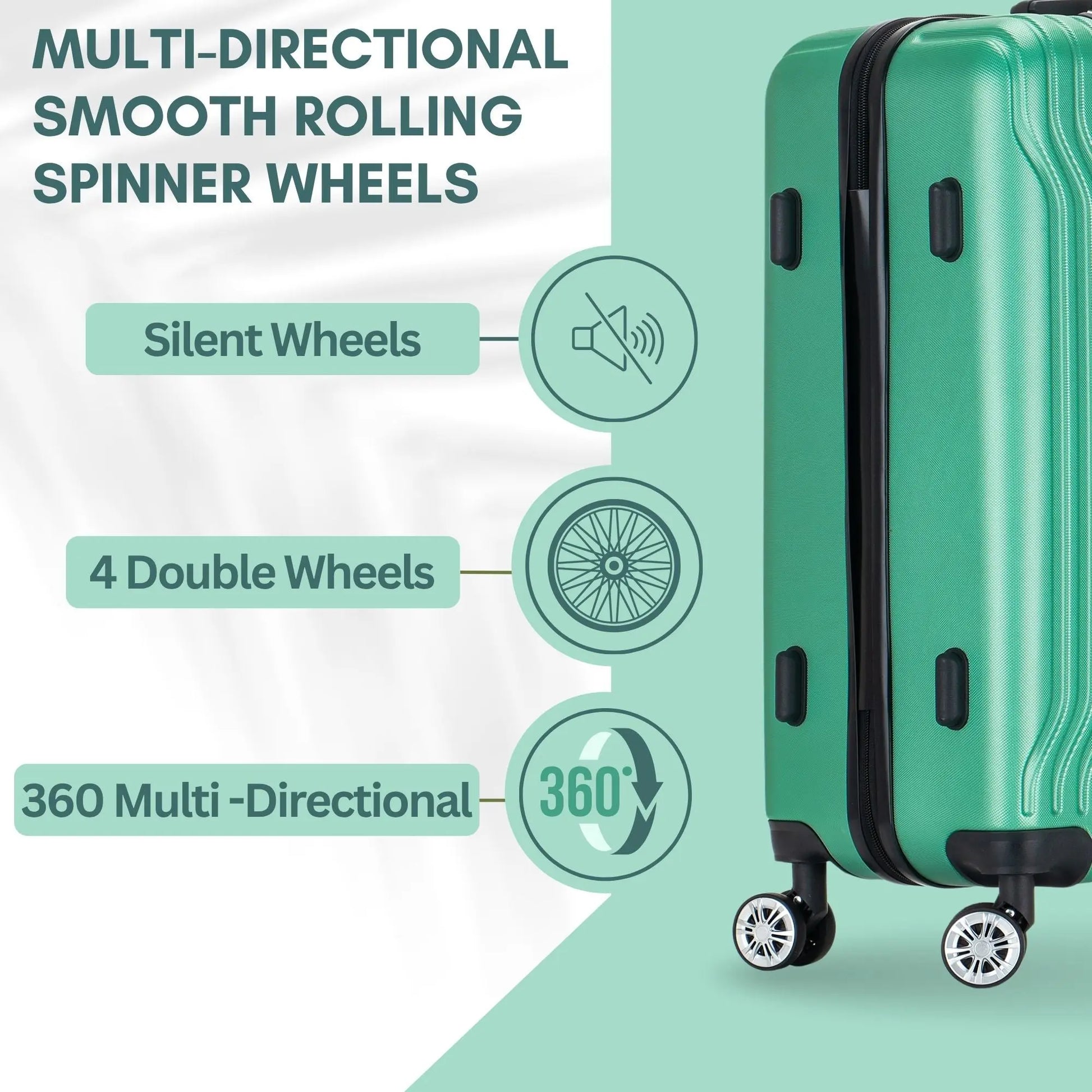 Green suitcase with features highlighted on a light green background