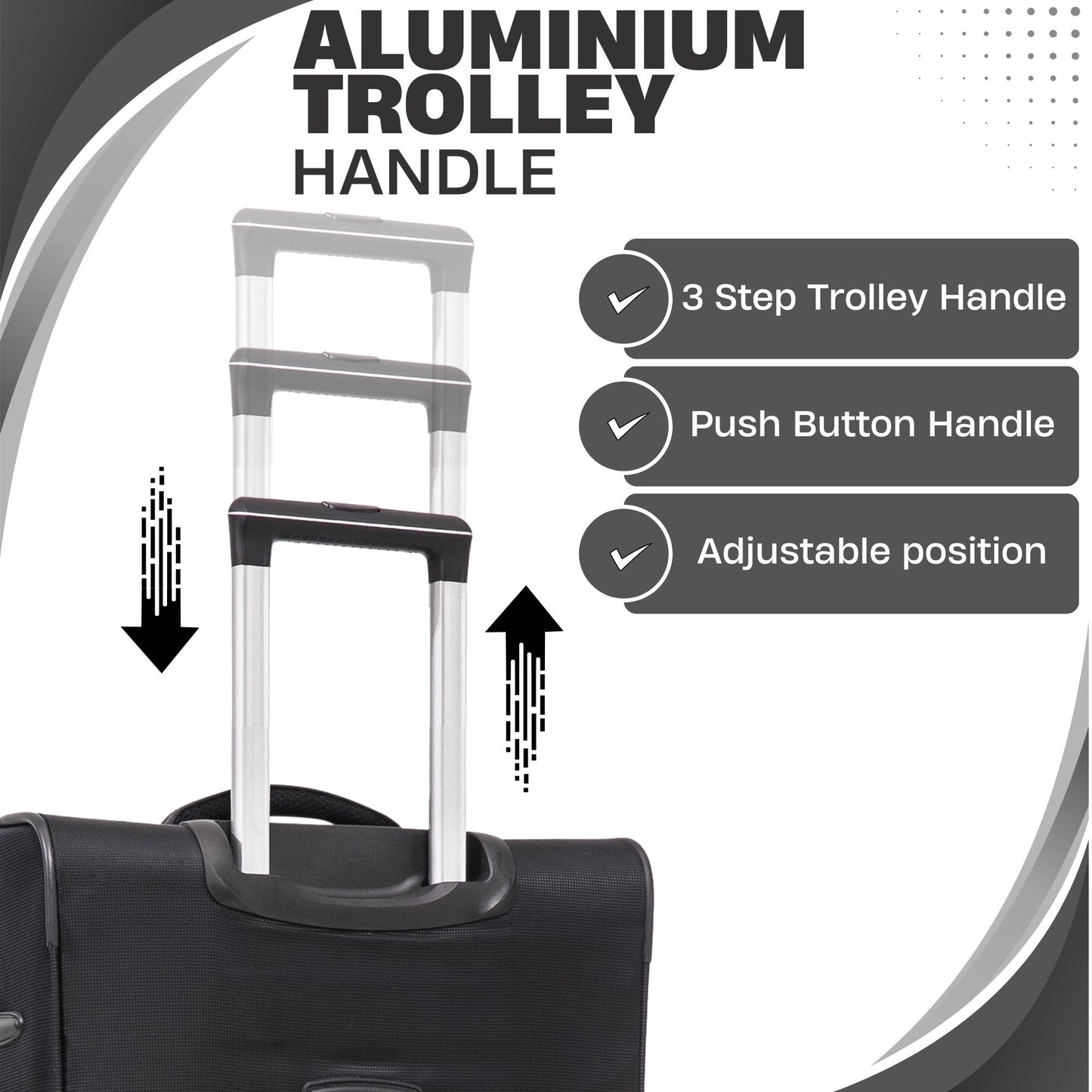 Aluminium trolley handle on a suitcase with features highlighted