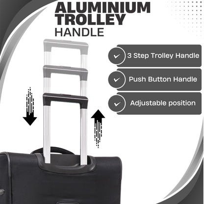Aluminium trolley handle on a suitcase with features highlighted