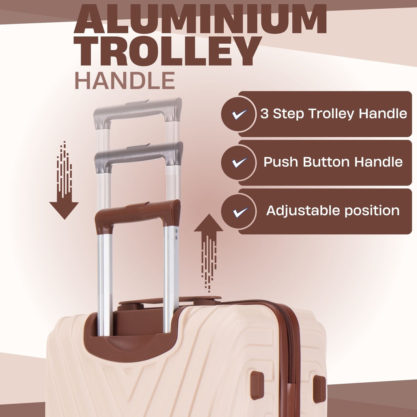Aluminium trolley handle on a suitcase with features highlighted ABS101