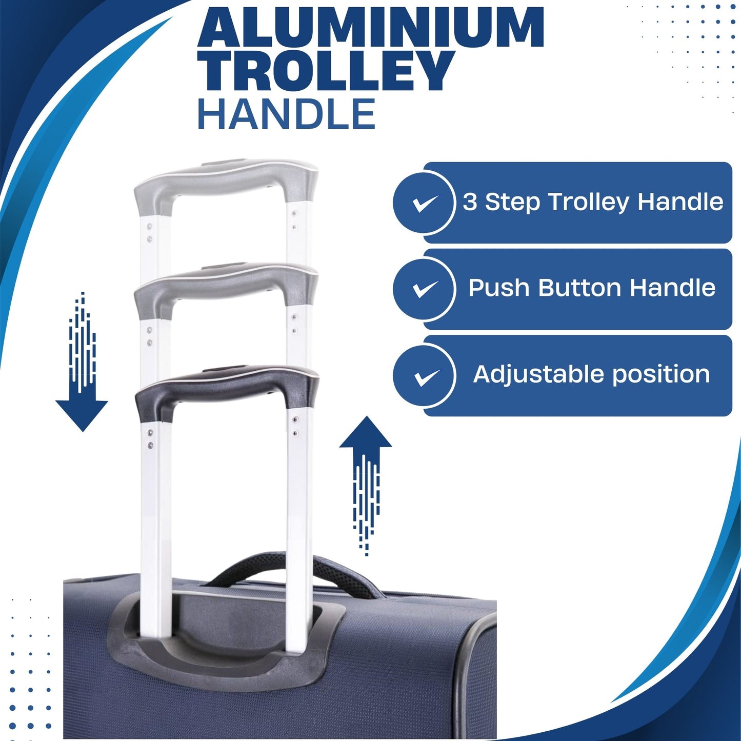 Aluminium trolley handle with features highlighted on a blue and white background