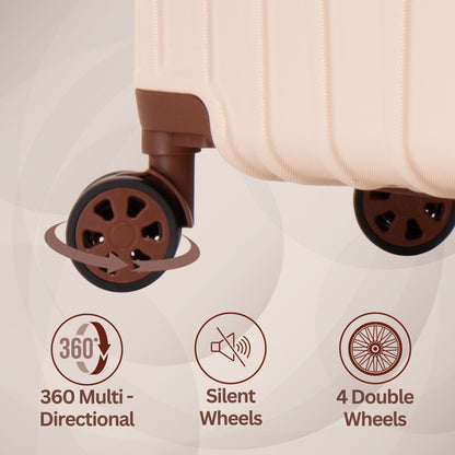 Beige suitcase with brown wheels on a light beige background, featuring icons and text about wheel features.